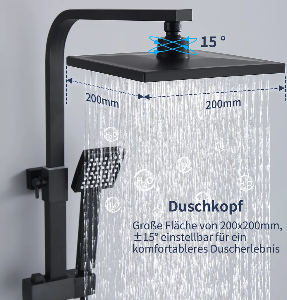 Rynx | Shower system Black Rain shower Shower set without faucet with overhead shower Hand shower Shower column Shower system with diverter angular Shower column for bathroom, black