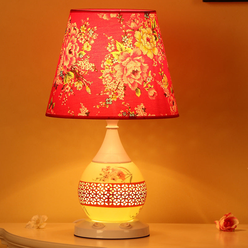 Rynx | Chinese Minimalist Ceramic Floral Fabric Cone 1-Light Table Lamp