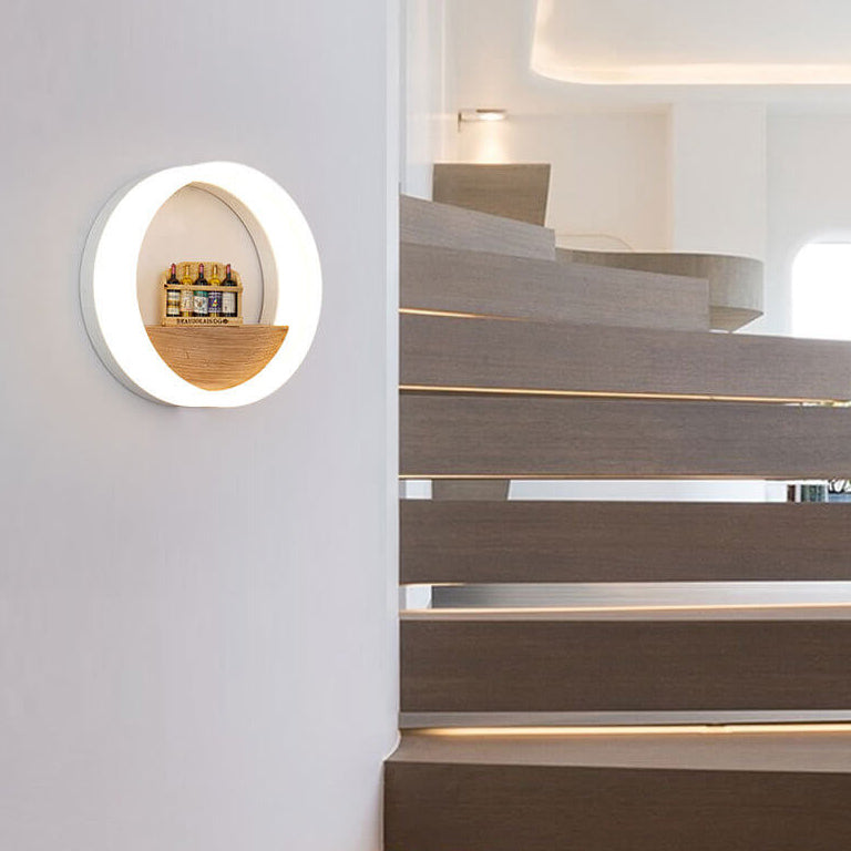 Rynx | Lumoshelf LED Wall Light | Solid Wood with Shelf | Round Wall Lamp | Warm & White Light