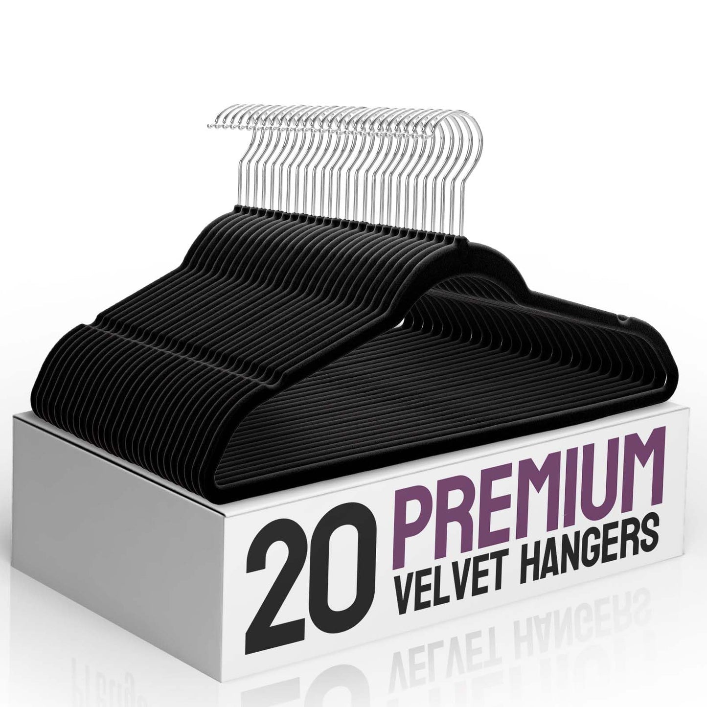 Rynx | 20/30/60 Pack Velvet Hangers - Premium Non-Slip Felt Hangers with Sturdy Black/White Finish - Heavy Duty Coat and Suit Hangers with Space-Saving 360° Rotating Rose Gold/Galvanized Metal Hook Black 20 Pack
