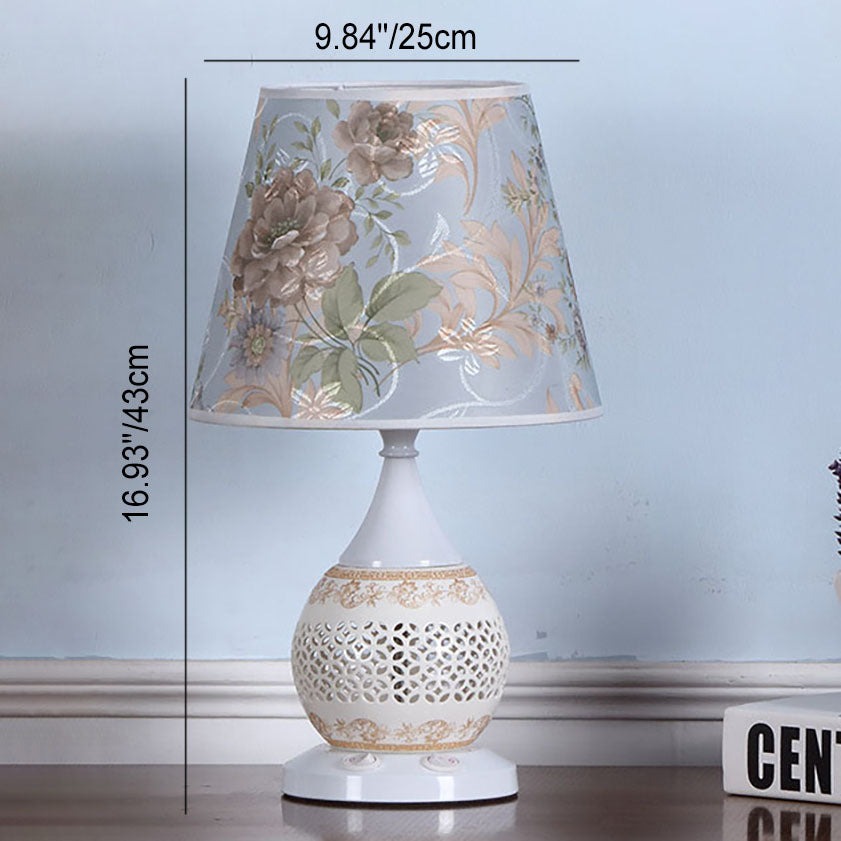 Rynx | Chinese Minimalist Ceramic Floral Fabric Cone 1-Light Table Lamp