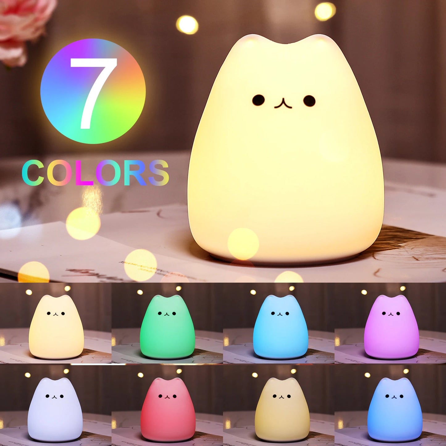 Rynx | Mini Kawaii Popular Cat Baby Night Light 7-Colors Pat Touch Color Changing Eye Protection Bedroom Nightstand Lamp Gift Kids