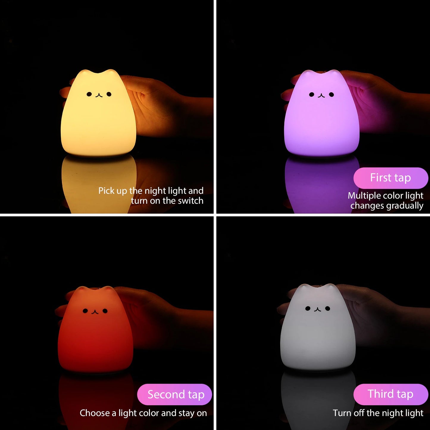 Rynx | Mini Kawaii Popular Cat Baby Night Light 7-Colors Pat Touch Color Changing Eye Protection Bedroom Nightstand Lamp Gift Kids