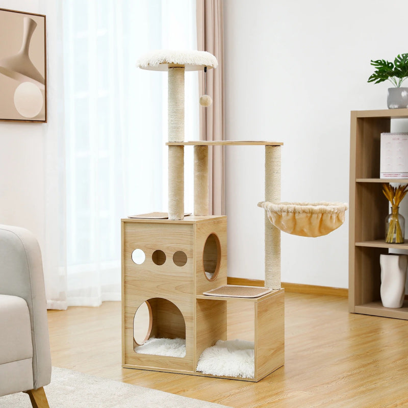 Rynx | Wooden Cat Tree with Sisal Scratching Posts, Cozy Condo & Hammock