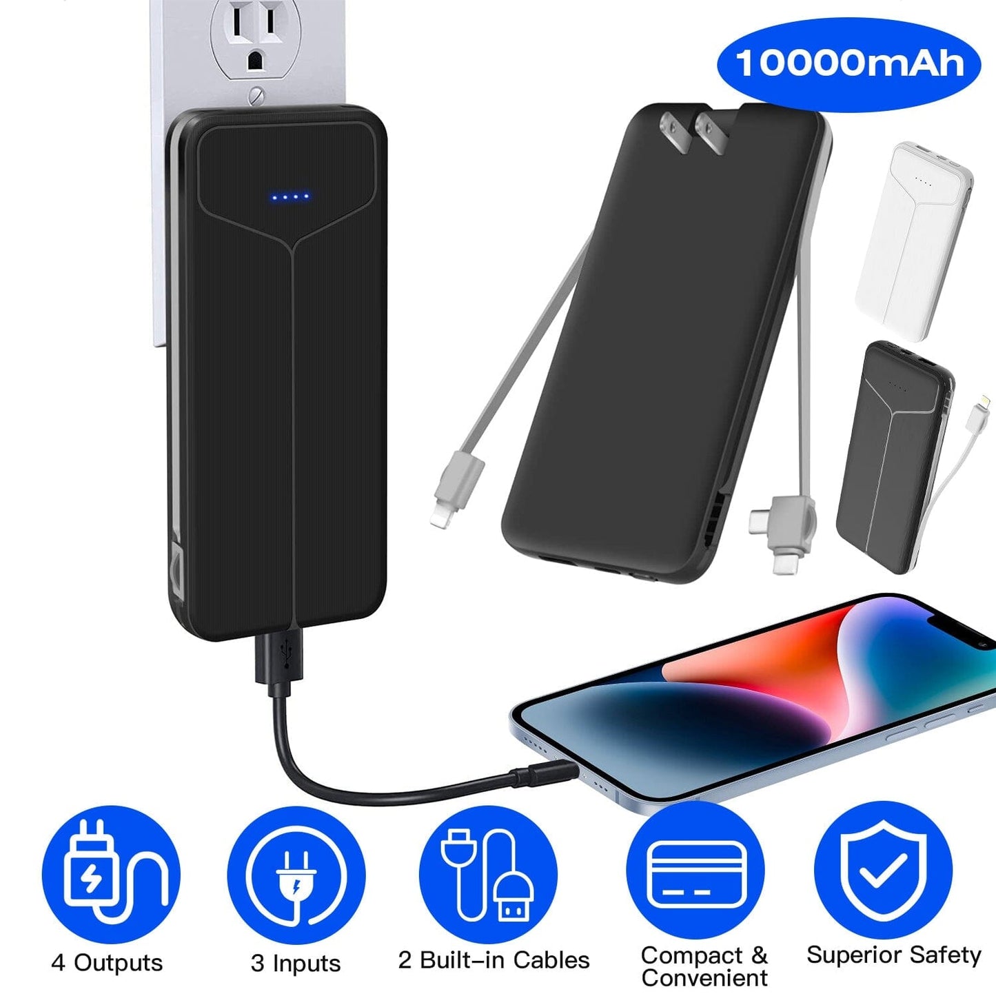 Rynx | 10000mAh Power Bank Portable Charger with US Plug 2 Built-in Cables External Battery Pack