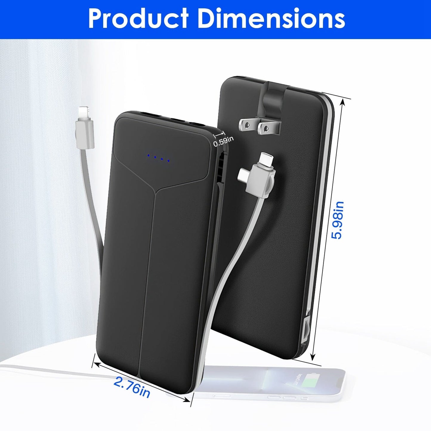 Rynx | 10000mAh Power Bank Portable Charger with US Plug 2 Built-in Cables External Battery Pack