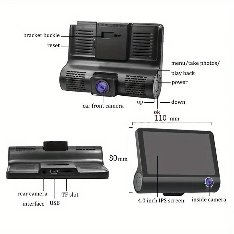 Rynx | 1080P 3-camera recorder Dash Cam with night vision