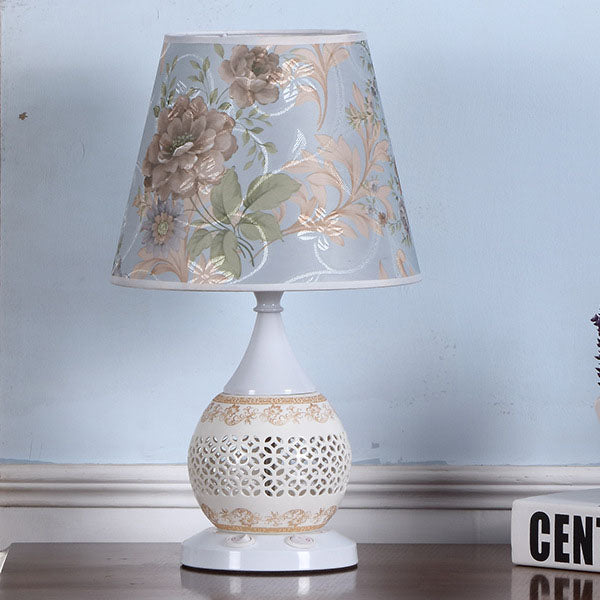 Rynx | Chinese Minimalist Ceramic Floral Fabric Cone 1-Light Table Lamp