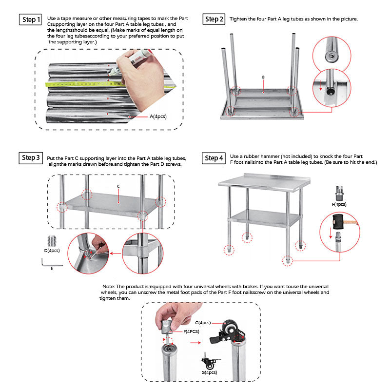 Rynx | Stainless Steel Preparation Counter, Double Kitchen Countertop, Catering Equipment, Round Foot Adjustment Worktop