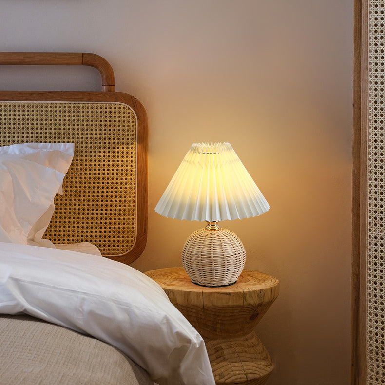 Rynx | RattaLume Nordic LED Table Lamp | Woven Rattan & Foldable Fabric Shade | Mood Light | Decor for the Bedroom