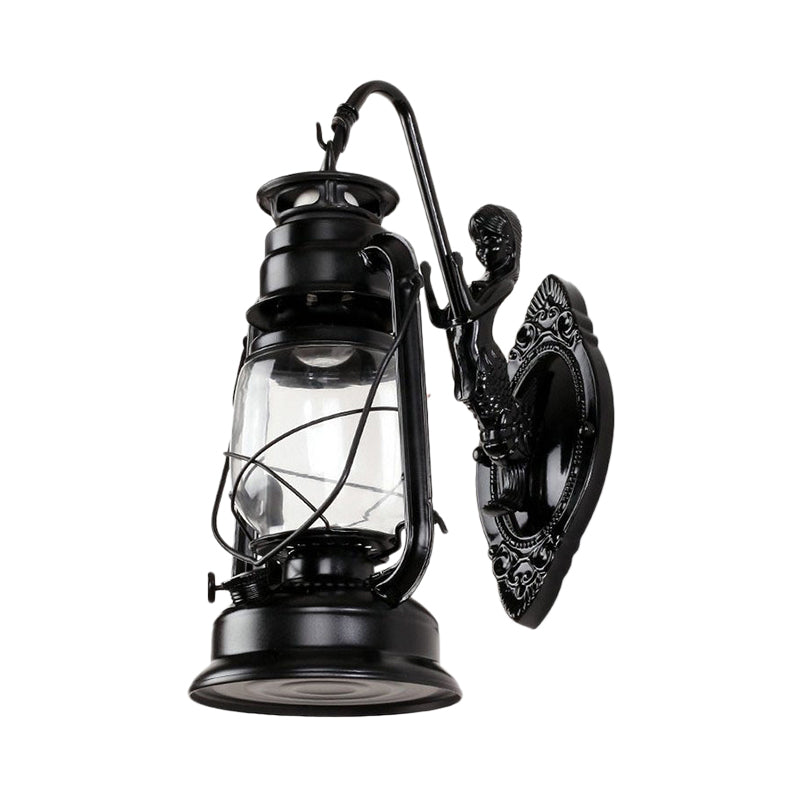 Rynx | One Bulb Wall Lamp with Lantern Shade Clear Glass Coast Bedroom Wall Lamp in Black/Antique Brass/Aged Copper with Mermaid