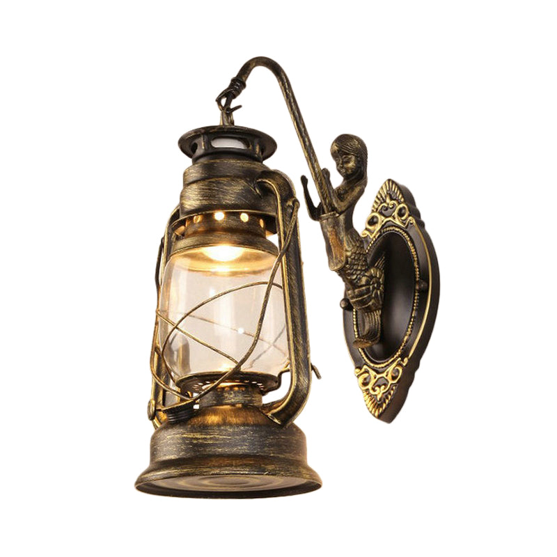 Rynx | One Bulb Wall Lamp with Lantern Shade Clear Glass Coast Bedroom Wall Lamp in Black/Antique Brass/Aged Copper with Mermaid