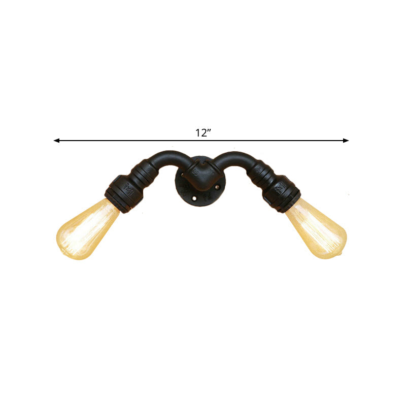 Rynx | Vintage Style Bare Bulb Wall Lamp with Pipe Design 2 Heads Metal Wall Lamp in Black for Indoor