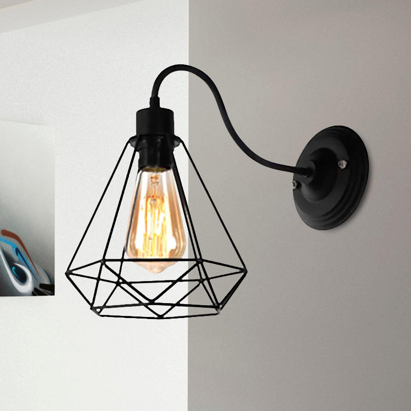 Rynx | Black 1 Light Wall Lamp Retro Style Metal Diamond/Star Wall Light with Cage Shade for Café