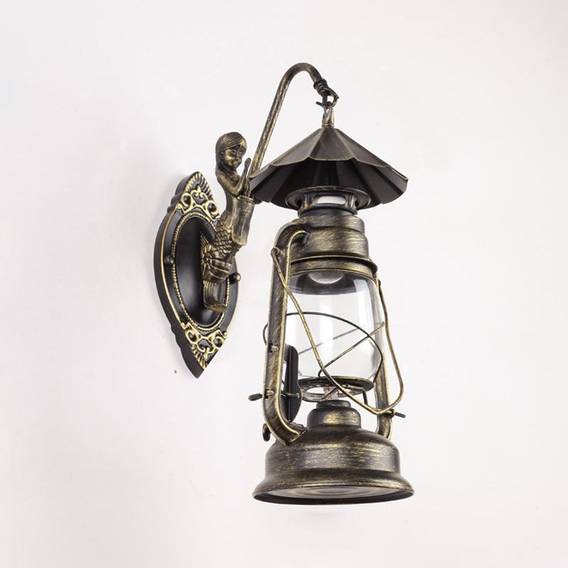 Rynx | Kerosene Clear Glass Wall Lamp Coast Single Bulb Living Room Sconces Lamp in Black/Antique Brass