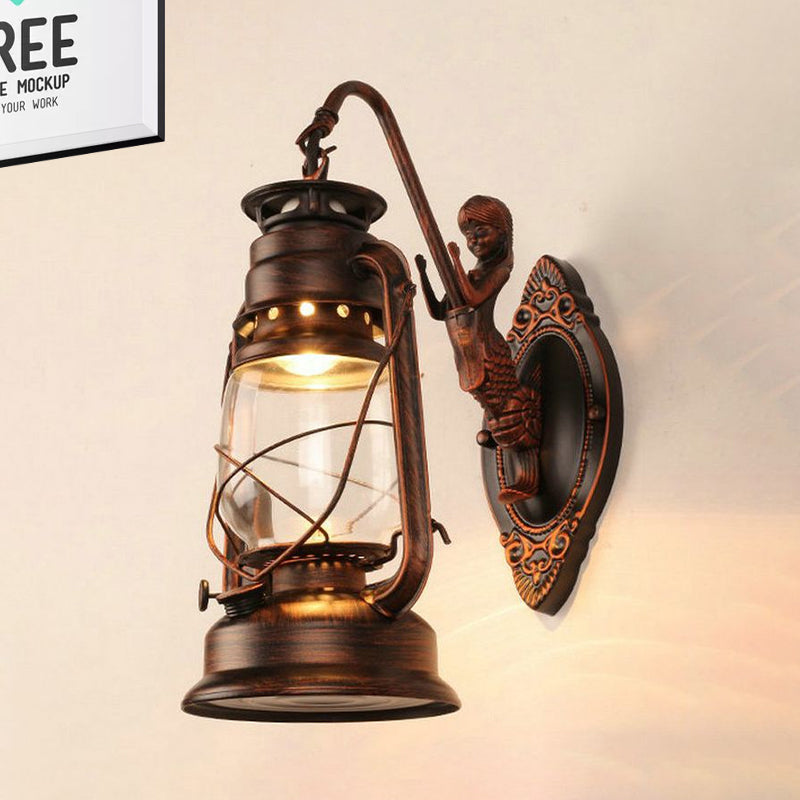 Rynx | One Bulb Wall Lamp with Lantern Shade Clear Glass Coast Bedroom Wall Lamp in Black/Antique Brass/Aged Copper with Mermaid