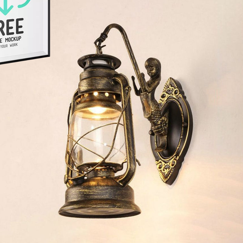Rynx | One Bulb Wall Lamp with Lantern Shade Clear Glass Coast Bedroom Wall Lamp in Black/Antique Brass/Aged Copper with Mermaid