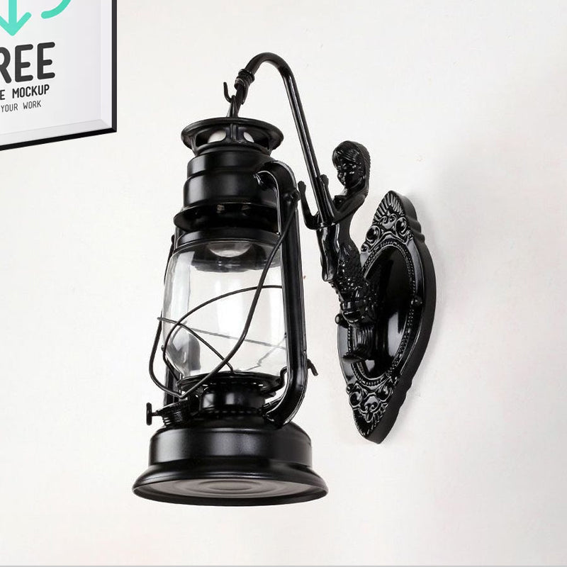 Rynx | One Bulb Wall Lamp with Lantern Shade Clear Glass Coast Bedroom Wall Lamp in Black/Antique Brass/Aged Copper with Mermaid