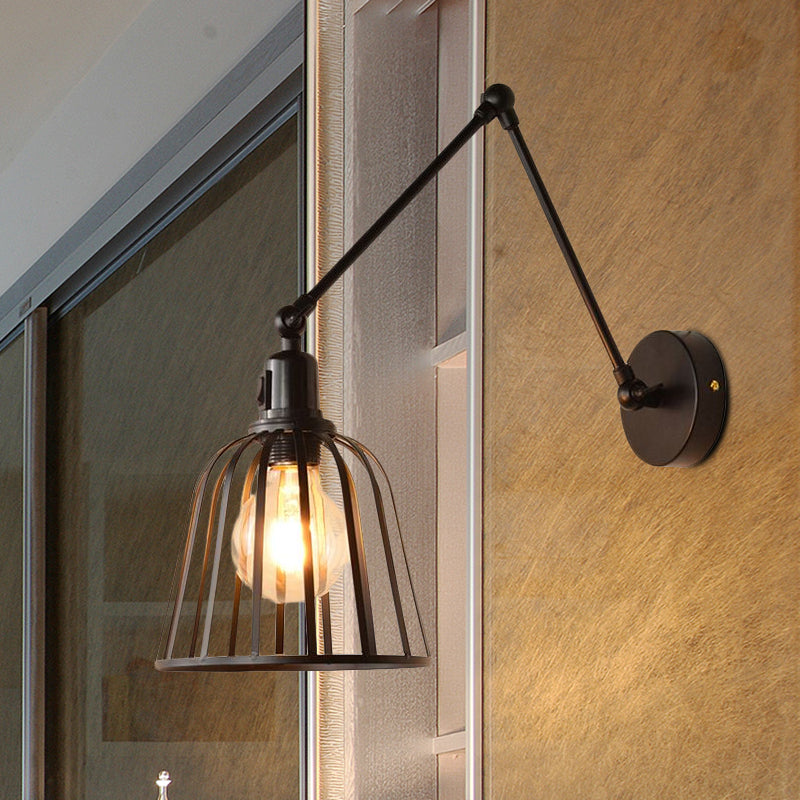 Rynx | Swing Arm Metallic Wall Lamp with Wire Cage Industrial 1 Light Bedroom Wall Lamp in Black