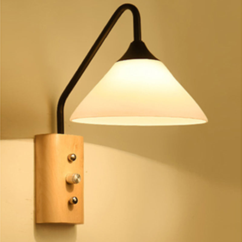 Rynx | Milk glass conical wall lamp dining room corridor 1 light modern wall light with wooden base