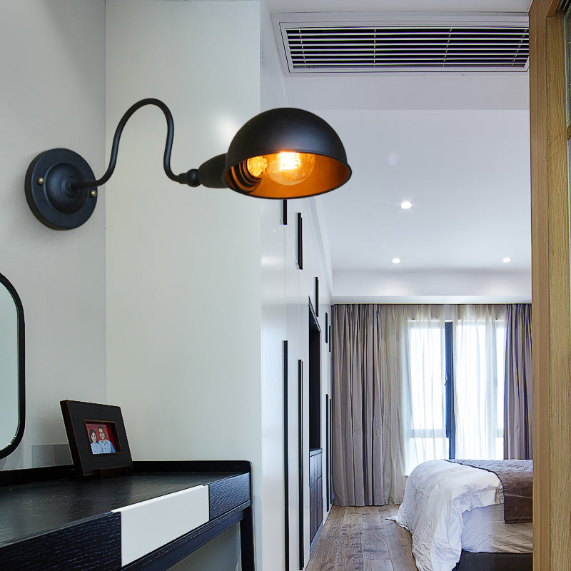 Rynx | 1 head wall-mounted light loft style dome shade metal adjustable wall lamp in black for bedroom