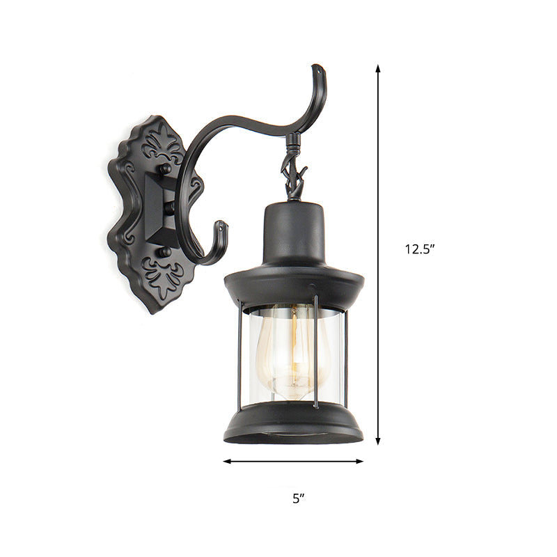 Rynx | Lantern Clear Glass Wall Mounted Lamp Vintage Single Bulb Outdoor Wall Light in Black with Carved Pattern