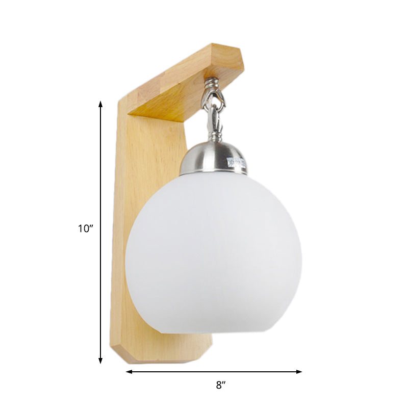 Rynx | Opal Glass Globe Shade Wall Lamp Industrial 1 Light Bedroom Lighting Fixture with Wooden Back Plate