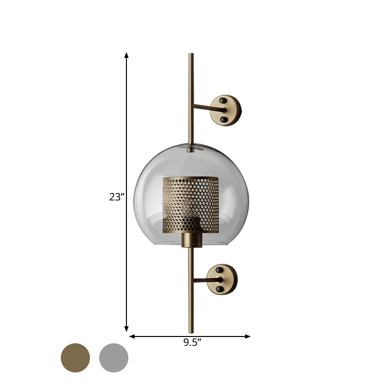 Rynx | 8"/9.5" W Global Bedroom Wall Light Colonial Clear Glass 1 Light Bronze/Silver Gray Wall Lamp with Inner Cylinder Wire Mesh