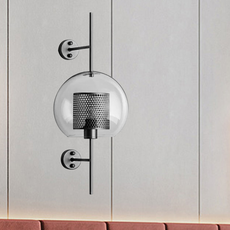 Rynx | 8"/9.5" W Global Bedroom Wall Light Colonial Clear Glass 1 Light Bronze/Silver Gray Wall Lamp with Inner Cylinder Wire Mesh