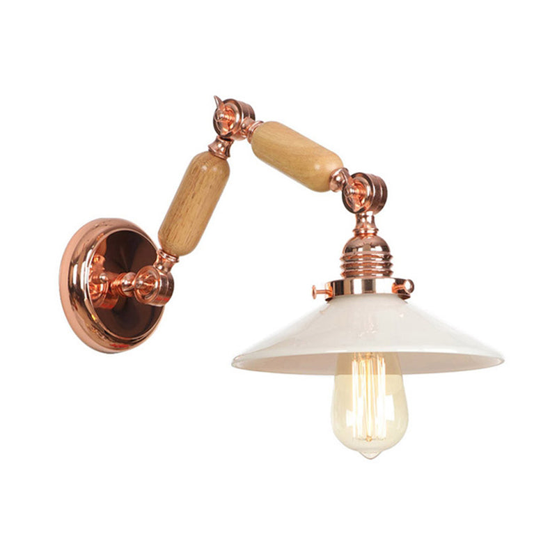 Rynx | White glass conical wall lamp industrial 1 light living room lighting fixture with retractable arm
