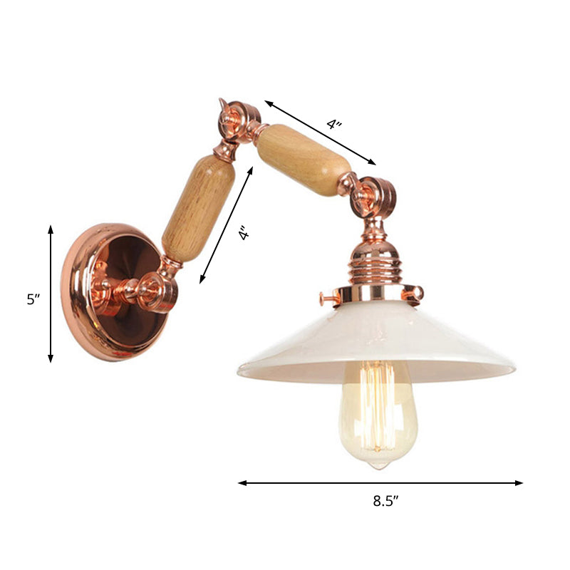 Rynx | White glass conical wall lamp industrial 1 light living room lighting fixture with retractable arm