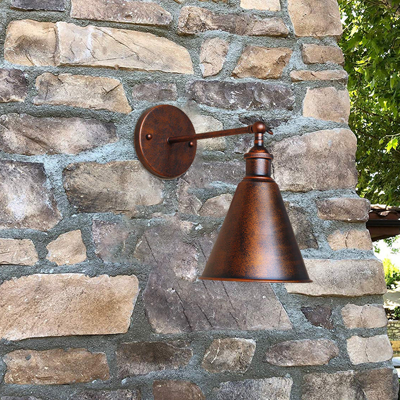 Rynx | Black/Rust 1 Head Wall Lamp Farmhouse Style Wrought Iron Conical Adjustable Wall Light Fixture for Outdoor