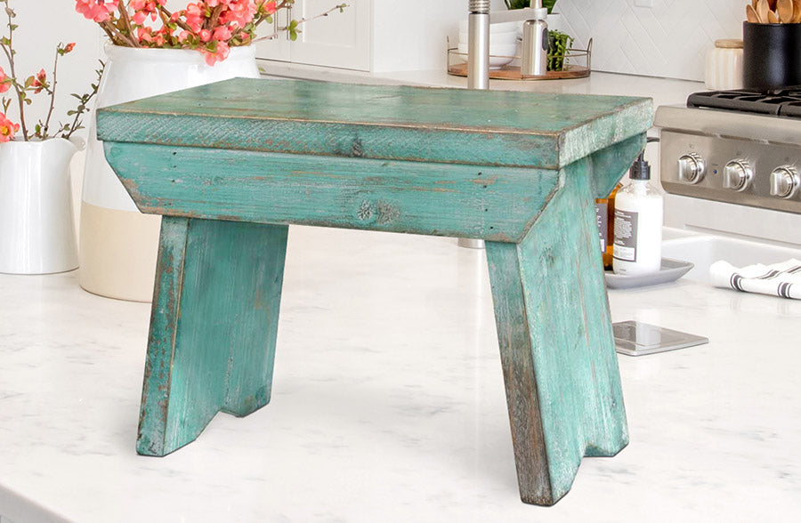 Rynx | Sage Green Distressed Wood Riser Stool