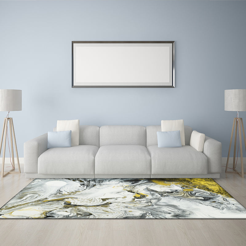 Rynx | Contemporary Modern Rug in White Abstract Paint Print Area Rug Polyester Washable Carpet for Bedroom