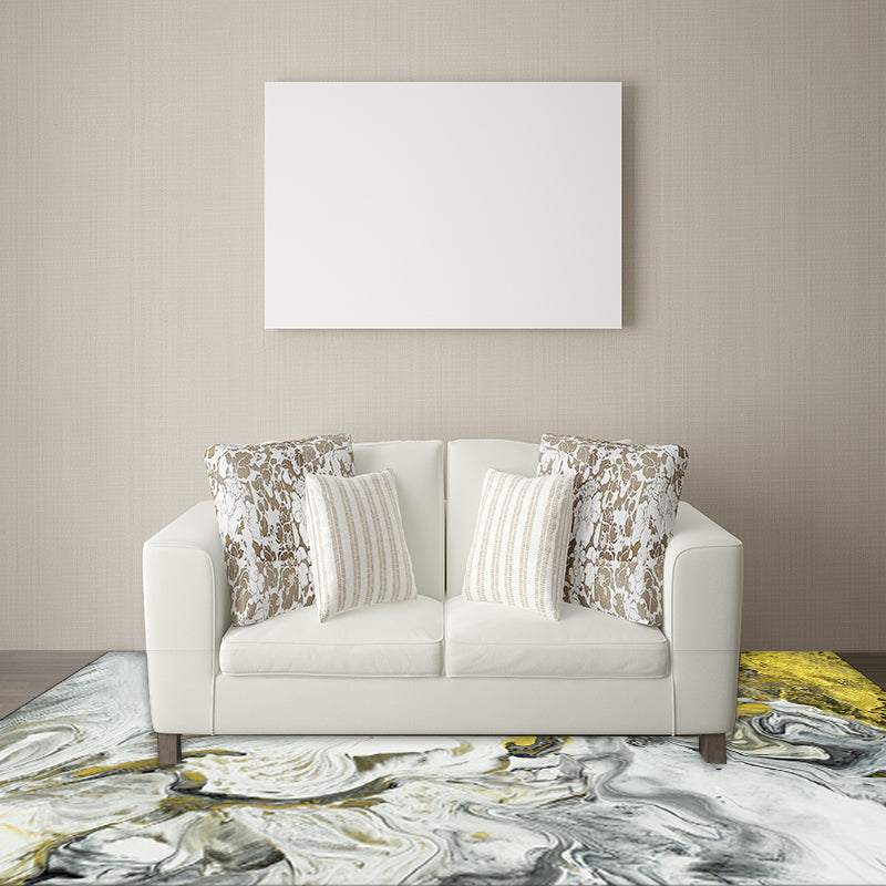 Rynx | Contemporary Modern Rug in White Abstract Paint Print Area Rug Polyester Washable Carpet for Bedroom