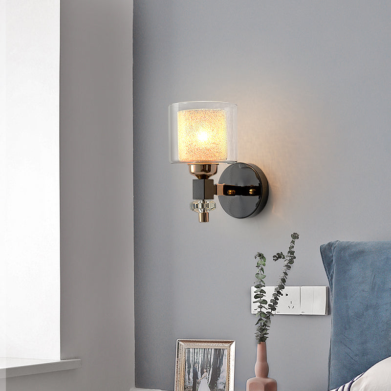Rynx | Contemporary cylindrical wall mounted light metal and glass 1 light wall lamp in black for hallway