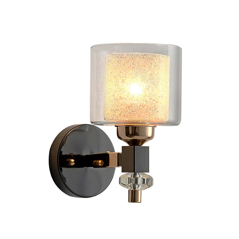 Rynx | Contemporary cylindrical wall mounted light metal and glass 1 light wall lamp in black for hallway
