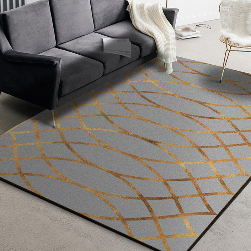 Rynx | Contemporary Geometric Pattern Rug Grey and Golden Polyester Rug Machine Washable Non-Slip Backing Area Rug for Bedroom