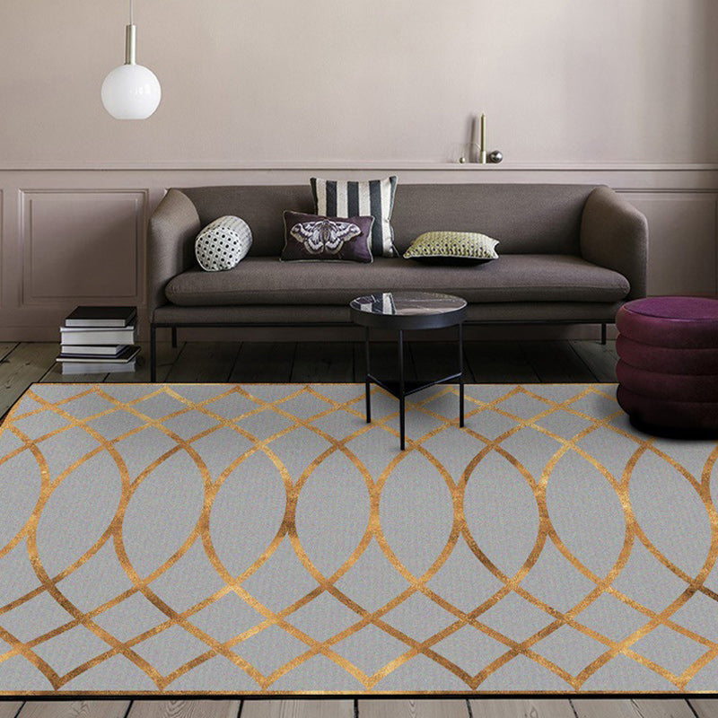 Rynx | Contemporary Geometric Pattern Rug Grey and Golden Polyester Rug Machine Washable Non-Slip Backing Area Rug for Bedroom
