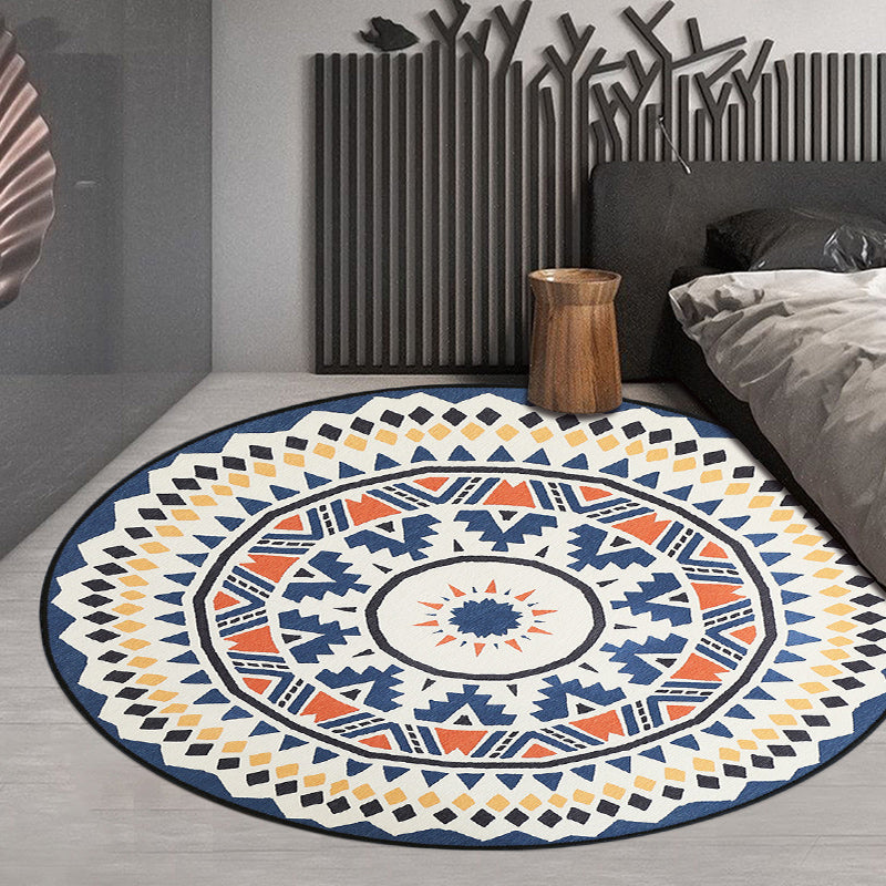 Rynx | Southwest Living Area Rug in Ivory Circle Diamond Triangle Print Rug Polyester Washable Non-Slip Rug