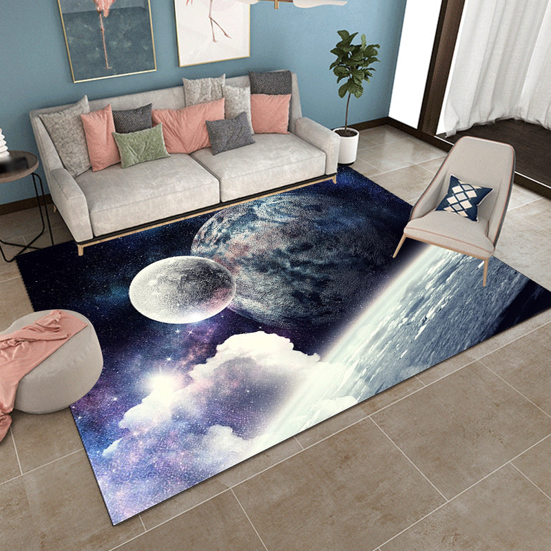 Rynx | Blue and Purple Bedroom Rug Modern Outer Space Planet Pattern Area Rug Polyester Washable Carpet