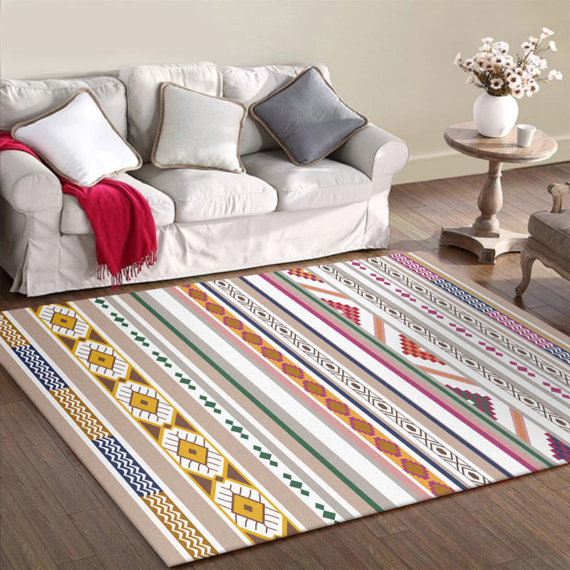 Rynx | White Multicolor Tribal Carpet Polyester Striped Pattern Carpet Washable Non-Slip Back Carpet for Living Room