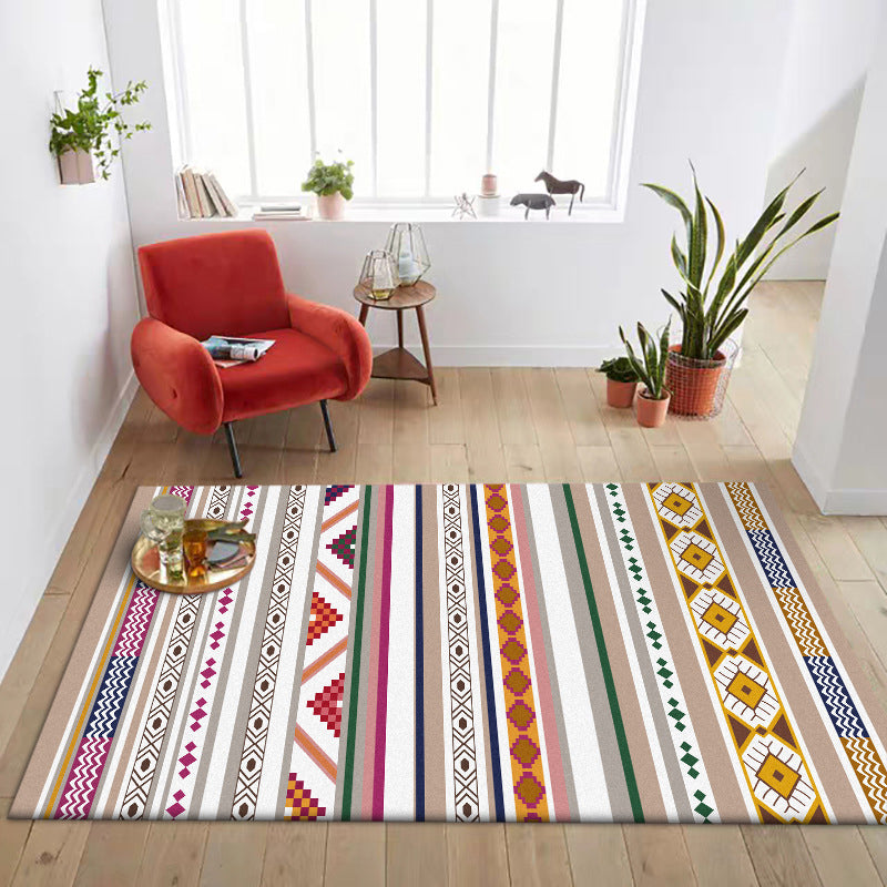 Rynx | White Multicolor Tribal Carpet Polyester Striped Pattern Carpet Washable Non-Slip Back Carpet for Living Room