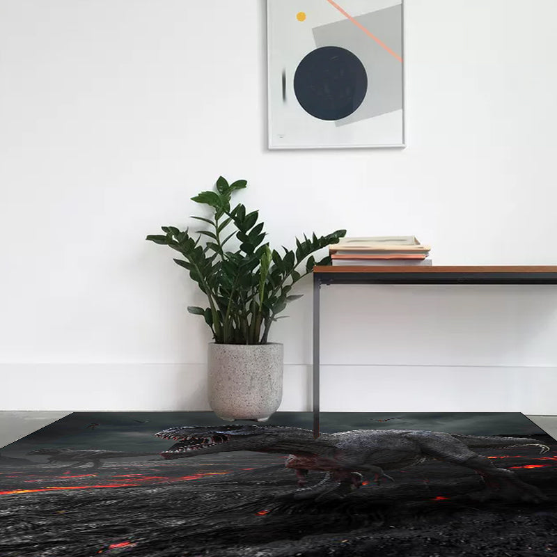 Rynx | Dark Grey Novelty Rug Polyester Dinosaur Pattern Rug Washable Non-Slip Backing Carpet for Living Room