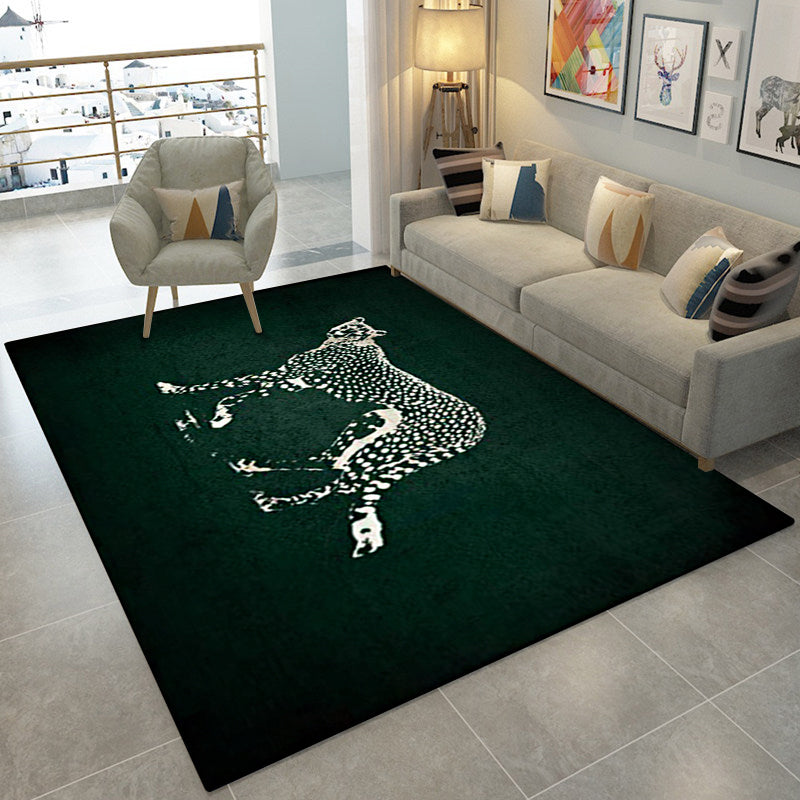 Rynx | Dark Green Contemporary Rug Polyester Cheetah Print Rug Washable Non-Slip Backing Carpet for Living Room