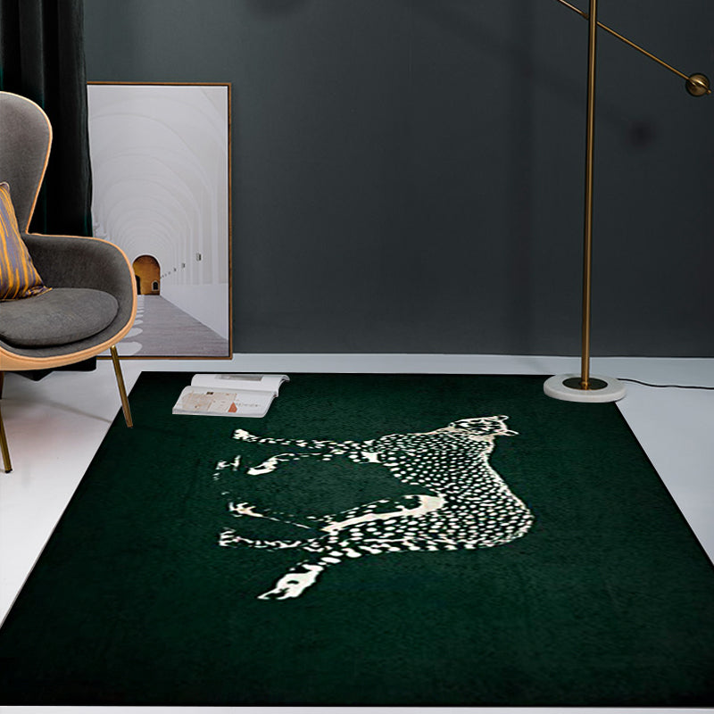 Rynx | Dark Green Contemporary Rug Polyester Cheetah Print Rug Washable Non-Slip Backing Carpet for Living Room