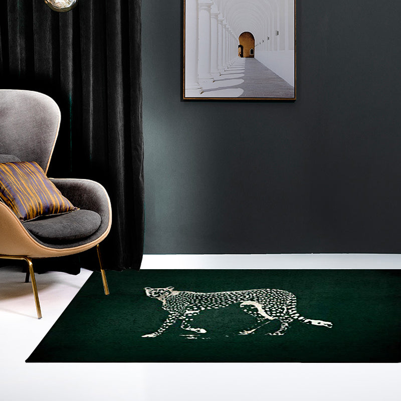 Rynx | Dark Green Contemporary Rug Polyester Cheetah Print Rug Washable Non-Slip Backing Carpet for Living Room
