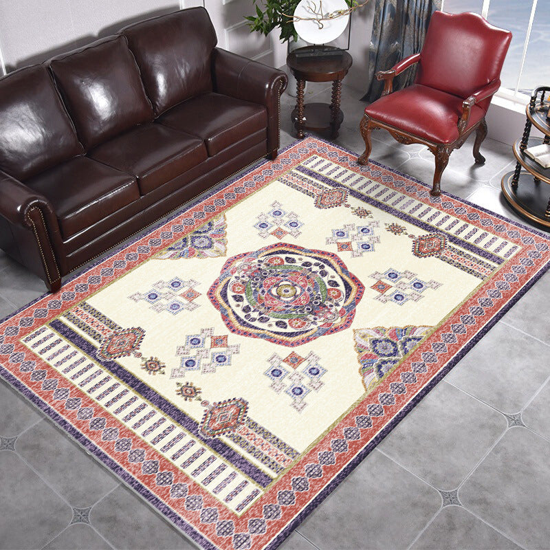 Rynx | Beige and Red Vintage Carpet Polyester Medallion Pattern Carpet Washable Non-Slip Underlay Carpet for Living Room
