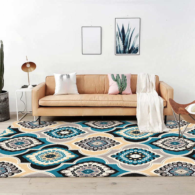 Rynx | Classic Floral Pattern Rug Blue Vintage Rug Polyester Washable Anti-Slip Backing Area Rug for Bedroom