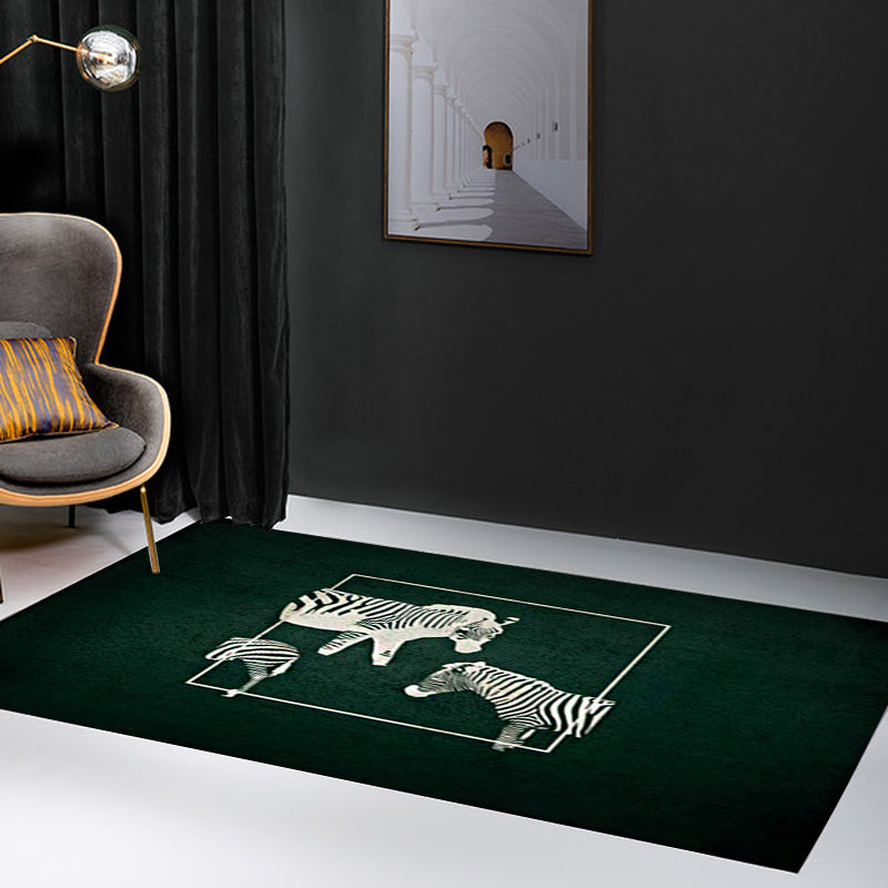 Rynx | Stylish Zebra Pattern Rug Dark Green Nordic Rug Polyester Washable Anti-Slip Backing Area Rug for Living Room